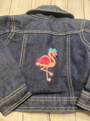 Flamingo on Girl 2T Up Cycled Bebe Jean Jacket